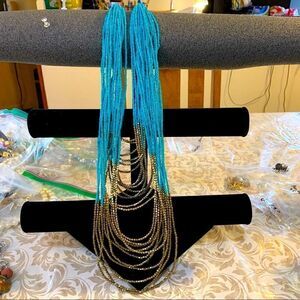 Vtg 24 Strand Seed Bead Necklace Gold Tone & Turquoise Color Southwest Vibe 36”